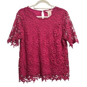 Philosophy Lace-Crochet Top Sz Medium Fuchsia Short Sleeve Garden Girl Coquette